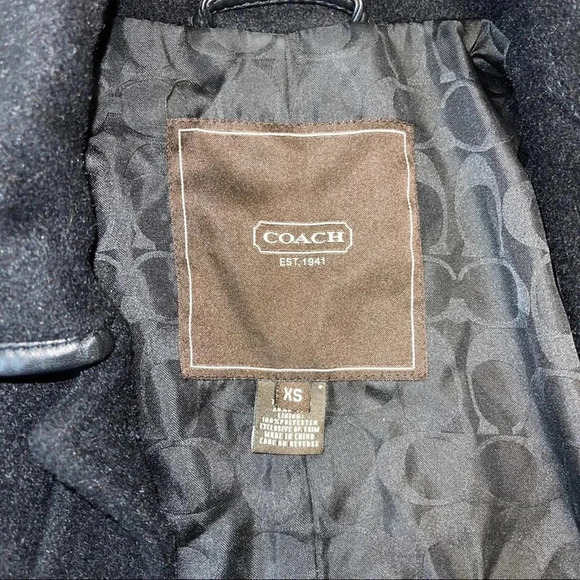 COACH Mohair Wool Long Line Pea Coat Leather Trim - Picture 6 of 7